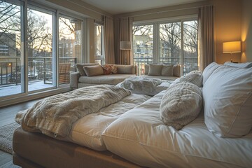 A cozy and elegantly furnished bedroom bathed in warm morning light, inviting relaxation