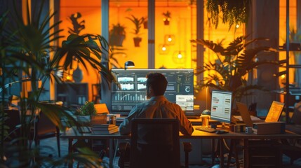 Contemporary Developer Working Late in Hi-Tech Office Environment