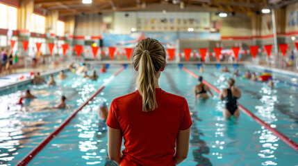 lifesaver lifeguard watching people at the pool