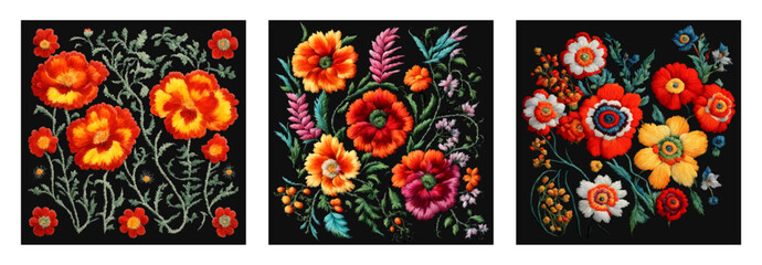 Vector set of traditional hungarian embroidery. Bright floral ornament on black background. © Nastasja