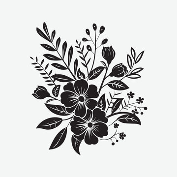 Set of different flower linen on white background. Vector black silhouettes of flowers isolated on a white background. Botanical arts. Hand drawn continuous line drawing of herbs, abstract flower.