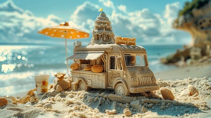 A sandcastle intricately shaped like a food truck, complete with menu and beach umbrella, symbolizing the joy of summer vacations - obrazy, fototapety, plakaty