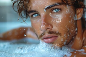 Sharp image of a blue-eyed man fully immersed in a bubble bath, conveying serenity and hygiene