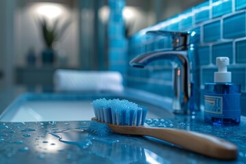 A stunning close-up of a toothbrush on a sleek bathroom counter, showcasing the modern design and...