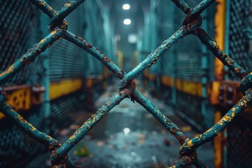 A close-up shot of a corroded and weathered blue metallic fence in an eerie, damp passageway glowing in dim light - obrazy, fototapety, plakaty