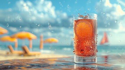 A refreshing summer drink, condensation beading on the glass, reflecting a world of beach umbrellas and distant sails on the horizon - obrazy, fototapety, plakaty