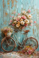 Fototapeta na wymiar A beautiful image of an old-fashioned bike adorned with a basket brimming with colorful blooms.