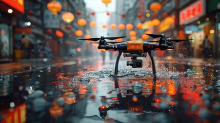 Drone Photography in Vibrant Urban Setting with Reflective Wet Surface - obrazy, fototapety, plakaty