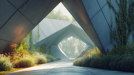 Diamond shape tunnel with vegetation filling it up,rounded shapes, realistic depiction of light, sustainable architecture - Powered by Adobe