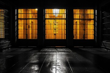 A strong contrast silhouette of a prison cell with a glaring window, evoking a sense of hope versus confinement - obrazy, fototapety, plakaty