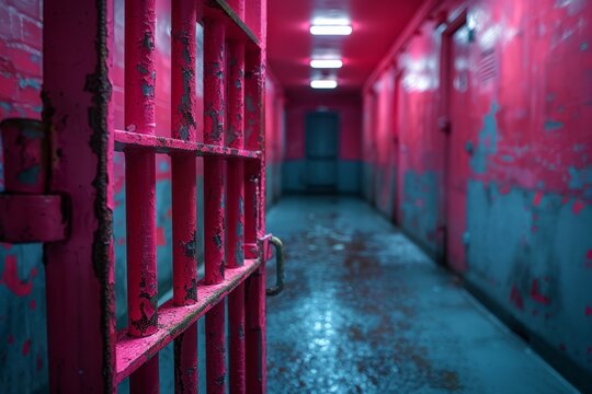 Perspective shot of a desolate prison hallway with dark red bars and a foreboding atmosphere under dim lighting