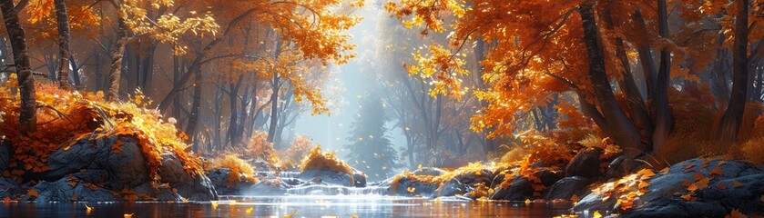 Stream in fall woods, natural scenery, artistic depiction. - obrazy, fototapety, plakaty