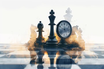 Two players intensely focused on a chess match as a clock ticks away, softly illuminated background