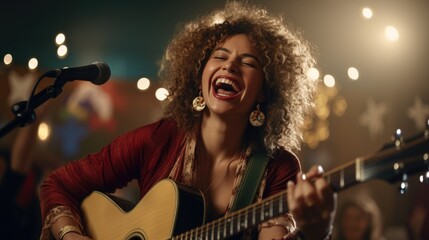 Exuberant Female Musician Performing Live with Acoustic Guitar