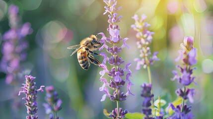 Bee gathers nectar from a purple wildflower in a captivating  macro shot, a detailed macro shot of a worker bee on lavender ,A bee is on a purple flower with the sun behind