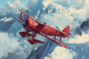 An illustration of a crimson biplane soaring above a majestic mountain, painted digitally.