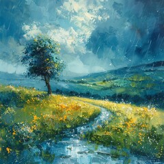 A gloomy painting depicting a countryside of green pastures and rainy skies, evoking a sense of melancholy.