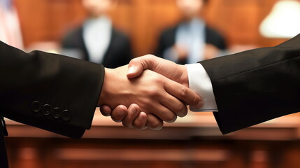 Two individuals engage in a handshake, deal agreement, with a background of law books and the American flag