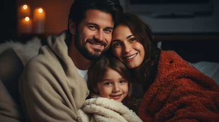 Cozy Family Time: Young Parents with Child Snuggling at Home