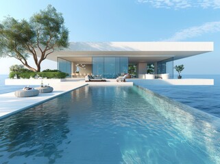 A modern villa with a swimming pool and garden, a white building with large windows, and a blue sky background
