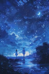 A digital illustration of a brother and sister walking hand in hand under a crescent moon in a starry night sky, capturing the beauty of the night scenery.