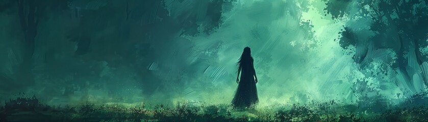 A woman exploring a mysterious and eerie forest in a captivating painting.
