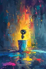 A whimsical digital artwork featuring a large bucket resting on the ground and a charming character standing in a pool of vibrant paint, in a fantasy setting.