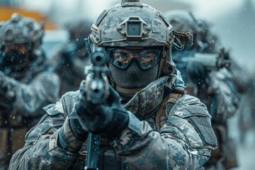 A soldier in full combat gear aiming his rifle, surrounded by snowflakes and a wintry battle setting - obrazy, fototapety, plakaty
