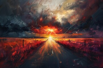 A lightning storm looms on the horizon, casting a red hue over the road in the illustration painting.