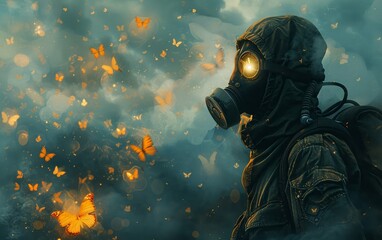 The man wearing a gas mask in the apocalyptic scene conjures up glowing butterflies using his magical powers in a digital artwork, showcasing a unique painting style. - obrazy, fototapety, plakaty