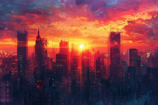 A painting depicting the majestic city skyline with towering skyscrapers during the golden hour.