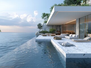 Fototapeta premium A modern villa with a swimming pool and garden, a white building with large windows, and a blue sky background