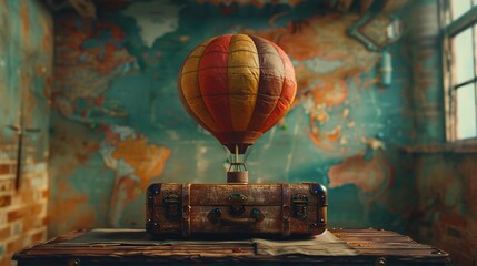 A colorful hot air balloon mirrors in the glossy surface of a vintage suitcase, blurring lines between reality and reflection in travel - obrazy, fototapety, plakaty