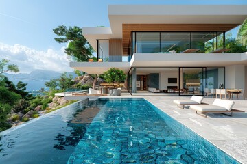 A modern villa with a swimming pool and garden, a white building with large windows, and a blue sky background