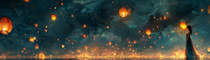 Woman wearing a gown standing on water with lanterns floating above in a starry night sky, depicted in an illustration artwork. - obrazy, fototapety, plakaty