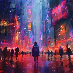 illustration of a futuristic cityscape with crowds of people walking down the street, painted in a digital art style - obrazy, fototapety, plakaty