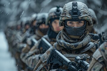 A detail of a military unit on a cold, snowy day, secured and ready for operation - obrazy, fototapety, plakaty
