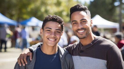 A smiling young man with his arm around a younger boy, both happy and outdoors.