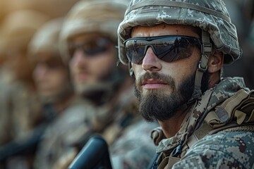 Fototapeta premium Close-up image capturing the contemplative and focused expression of a dutiful soldier