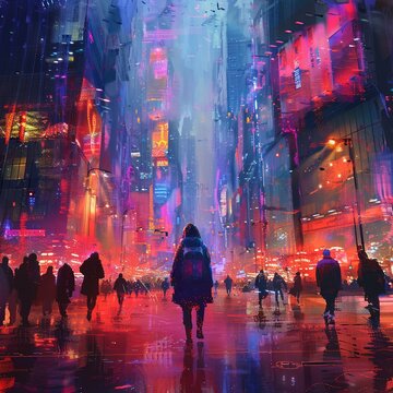 illustration of a futuristic cityscape with crowds of people walking down the street, painted in a digital art style