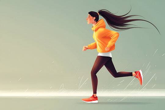 Illustration of a woman running, wearing a bright orange hoodie and red shoes, with long hair flowing.
