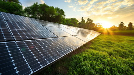 Solar panels against a backdrop of lush green fields,  Green Energy Solutions