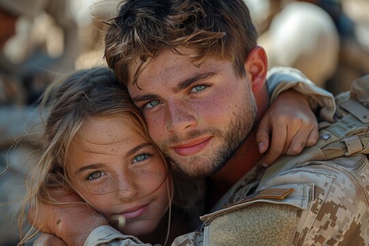 A striking image of a young girl hugging a smiling male soldier in a sandy environment