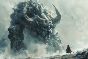 An artist painted an epic battle scene featuring a brave warrior confronting a massive multi-headed monster. - obrazy, fototapety, plakaty