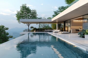 Fototapeta premium A modern villa with a swimming pool and garden, a white building with large windows, and a blue sky background