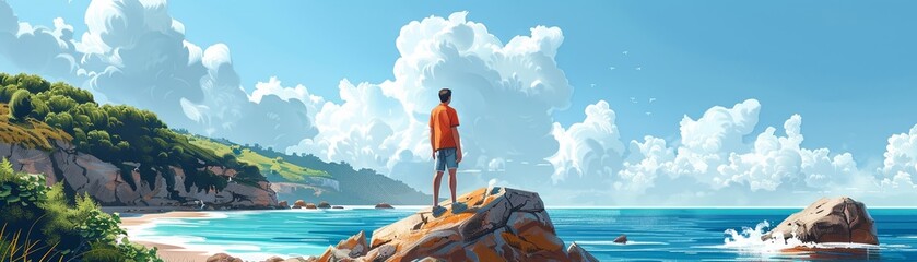 A person standing on a boulder gazing at the coastline under a clear sky, digital art piece - obrazy, fototapety, plakaty