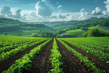 Obraz premium Gently curving crop rows kissed by the setting sun, offering a sense of calm and well-being