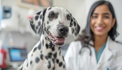 Dalmatian dog is being held by smiling veterinarian in clinic. Focus is on happy face of dog, radiating warmth and care veterinary setting with medical equipment visible on background. Pets healthcare