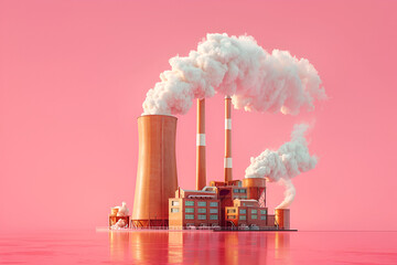 A stylized digital art image of a power plant with smokestacks emitting smoke against a pink background. - obrazy, fototapety, plakaty