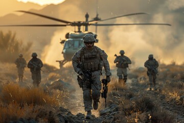 Soldiers marching through a rugged terrain, with a helicopter stirring a dust cloud in the backdrop